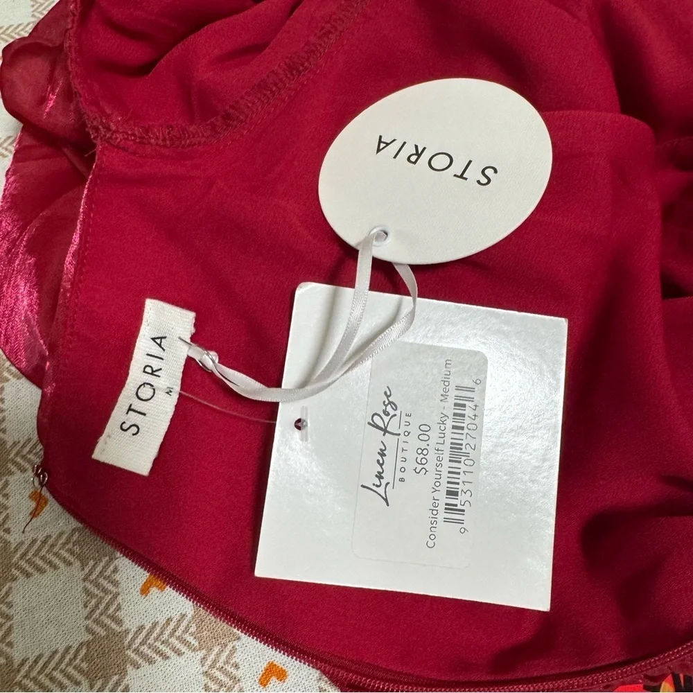 Storia Vibrant Red Mini Dress Ruched Ribbed M - Picture 9 of 9